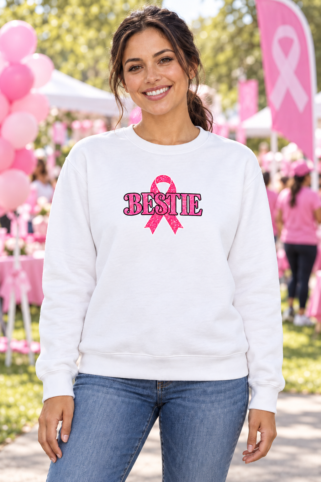 BESTIE Pink Ribbon Crewneck Sweatshirt