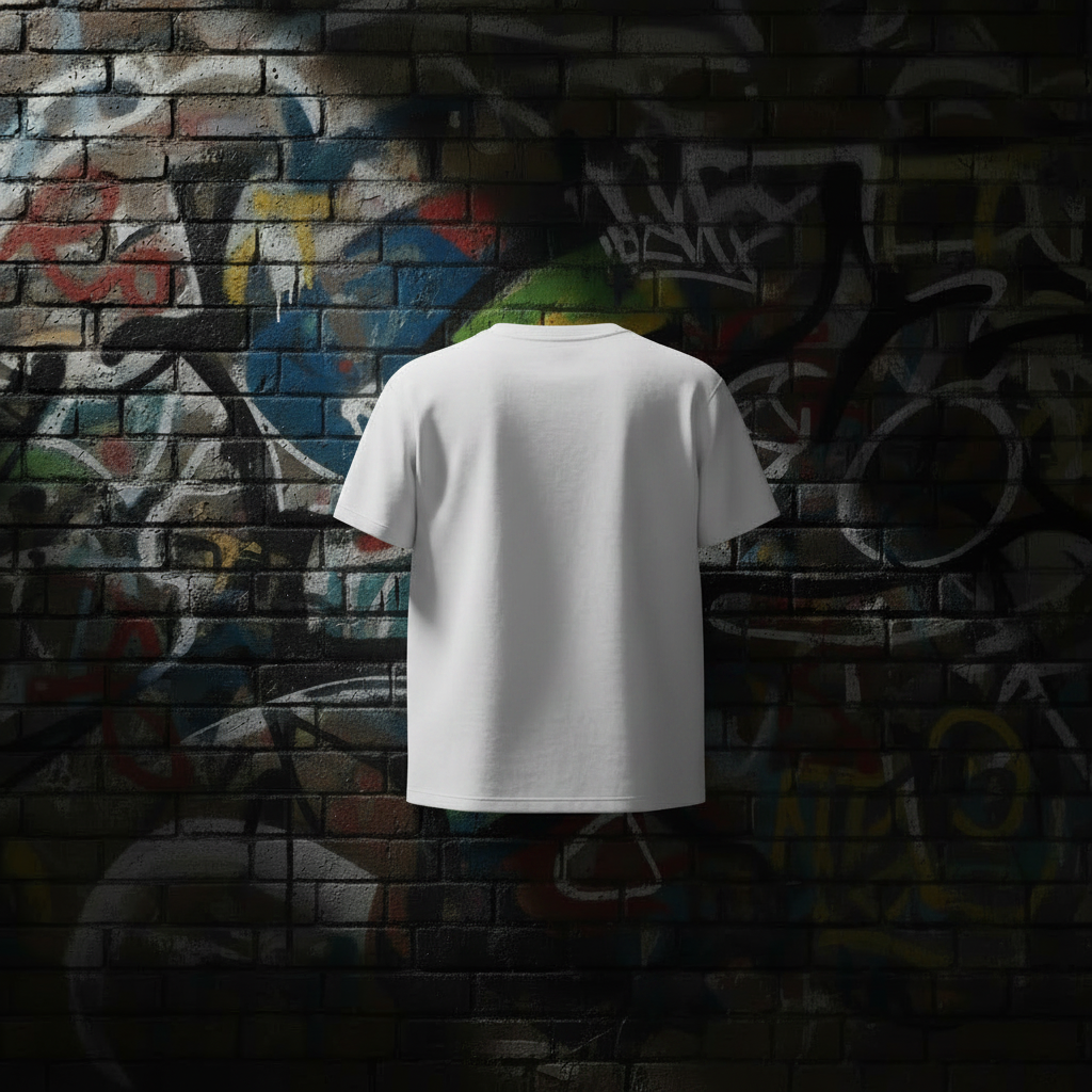 Clean White Tee Back on Graffiti Wall