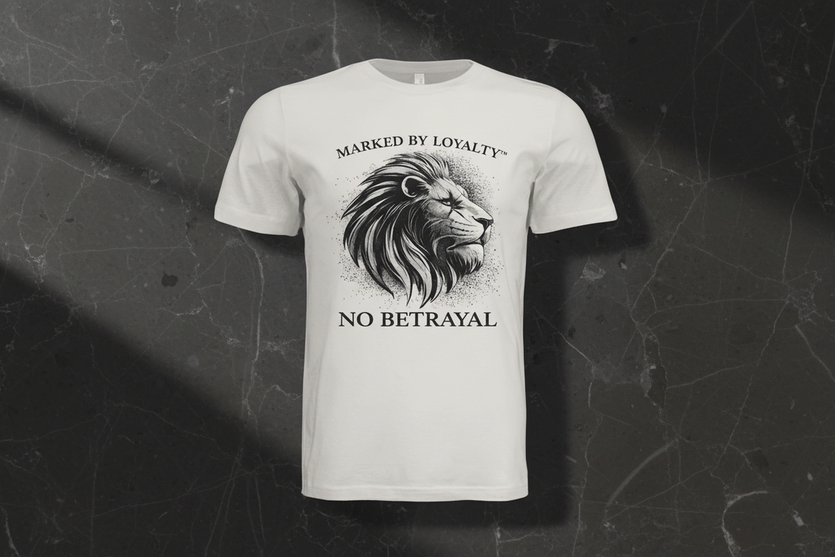 Vintage White No Betrayal Tee Front on Dark Marble
