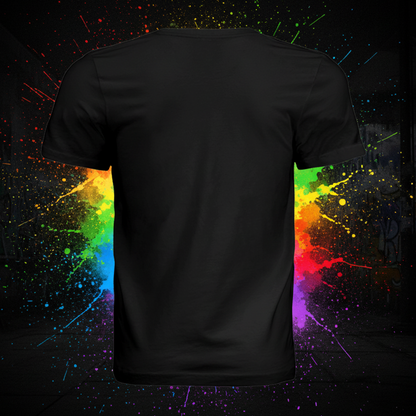 Black Tee Back - Rainbow Splatter Background