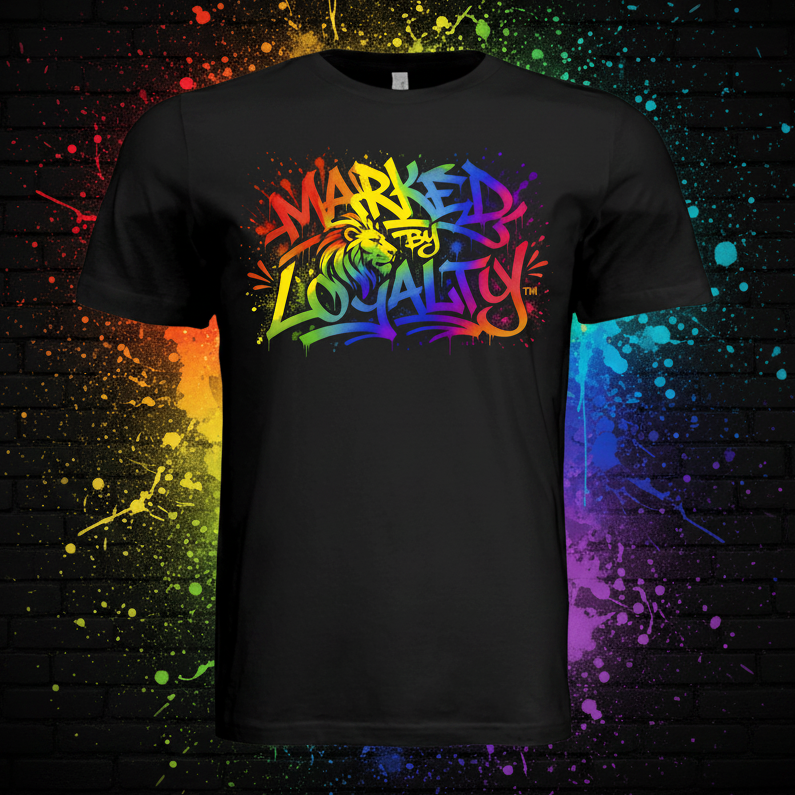Black Tee Front - Rainbow Splatter Background