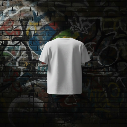 Clean White Tee Back on Graffiti Wall