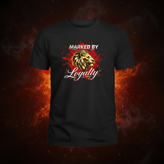 Crisp Gold Lion Tee Front on Fire Background