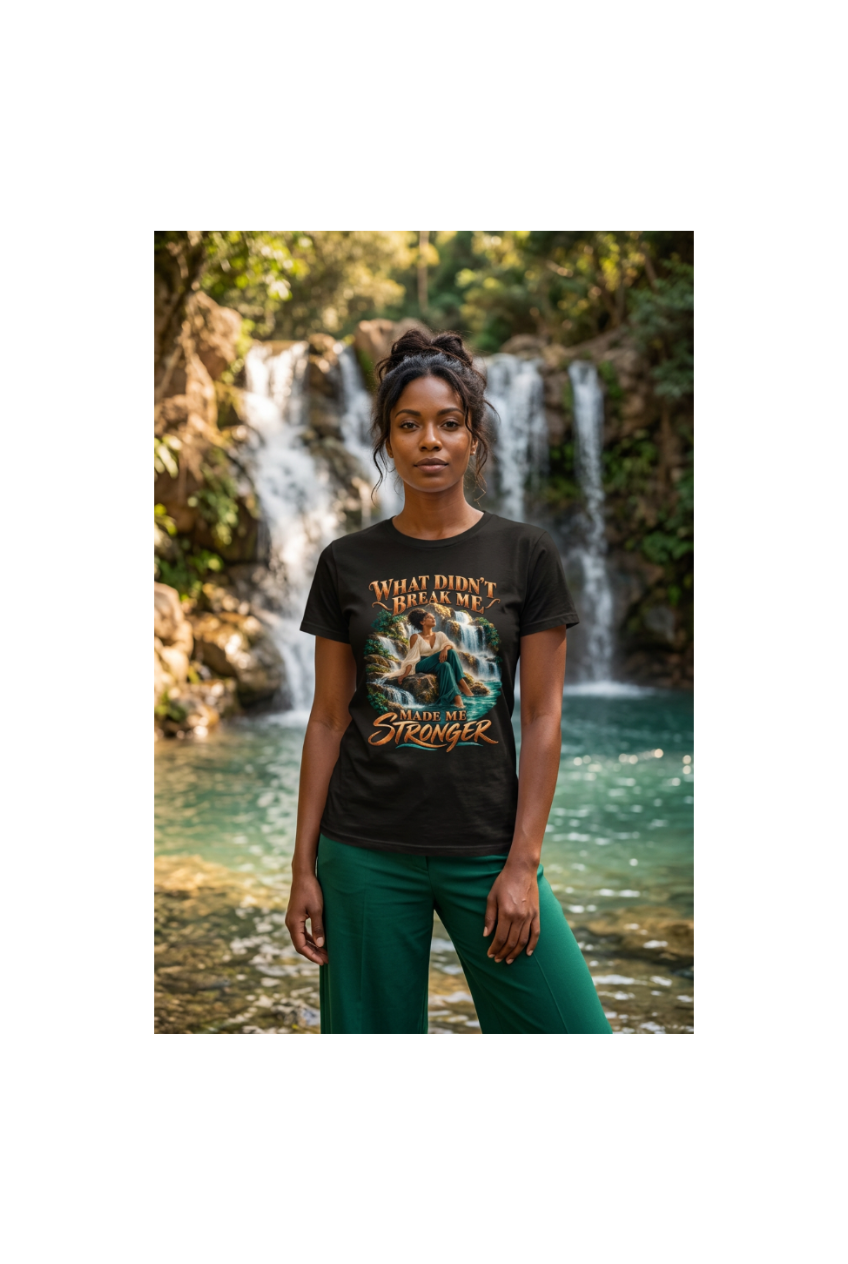 Live-model mockup inspired by the woman and waterfall in the shirt design