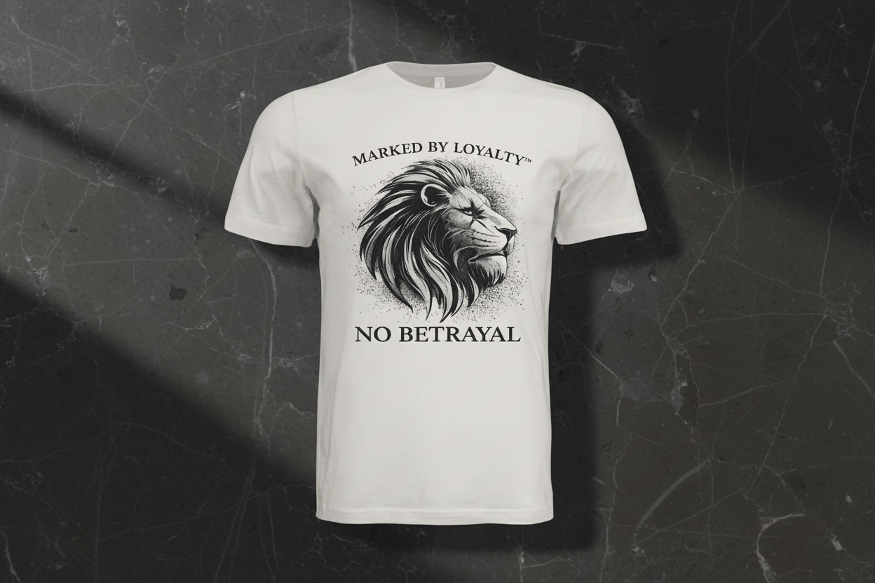 Vintage White No Betrayal Tee Front on Dark Marble