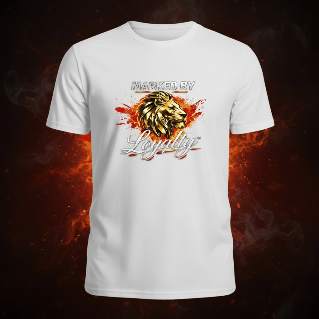 White Gold Lion Tee - Front on Fire Background