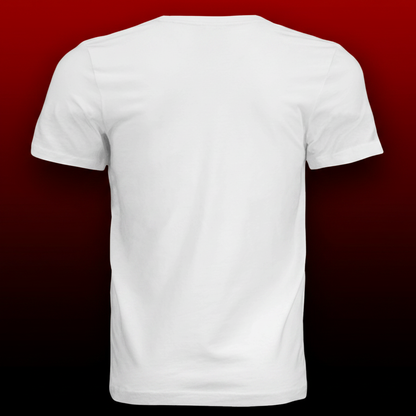 White Tee Back on Red & Black Background