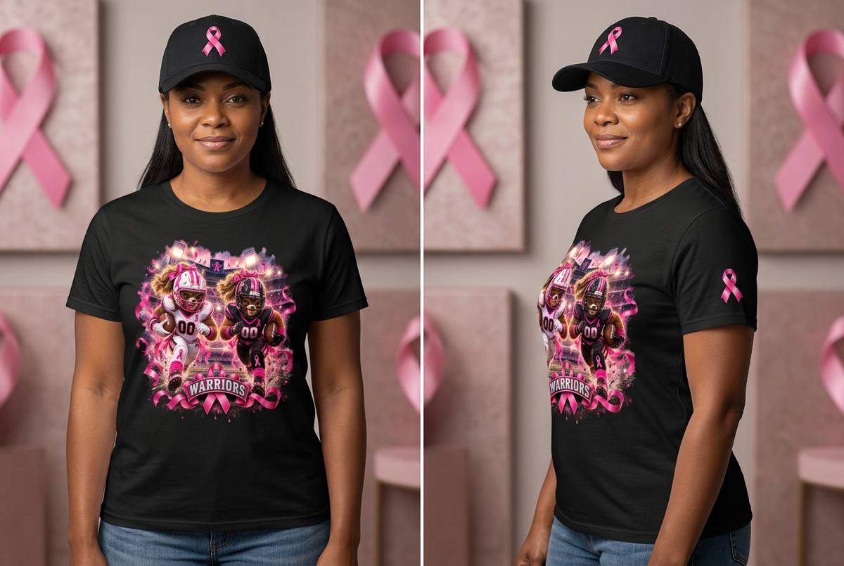 Woman modeling the Warriors tee in front and side views with a ribbon hat and pink awareness ribbon background